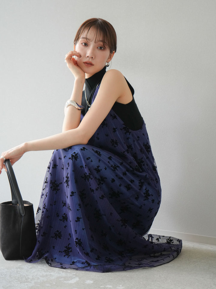 [SET]フロッキーチュールレイヤードベロアキャミワンピース+プチネックセンターシームノースリーニットトップス(2set)