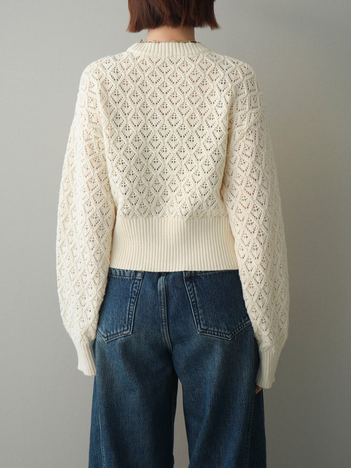 [予約]透かし編みフロントジップスリットニットプルオーバー/ivory