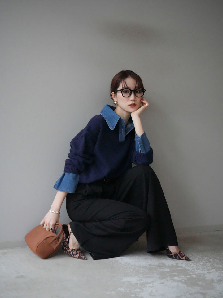 [SET]デニム襟ポロニットプルオーバー+ベルトループデザインワイドパンツ(2set)