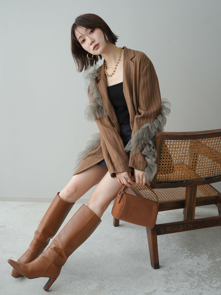 [予約]アシンメトリーチュールストライプジャケット/goldbrown