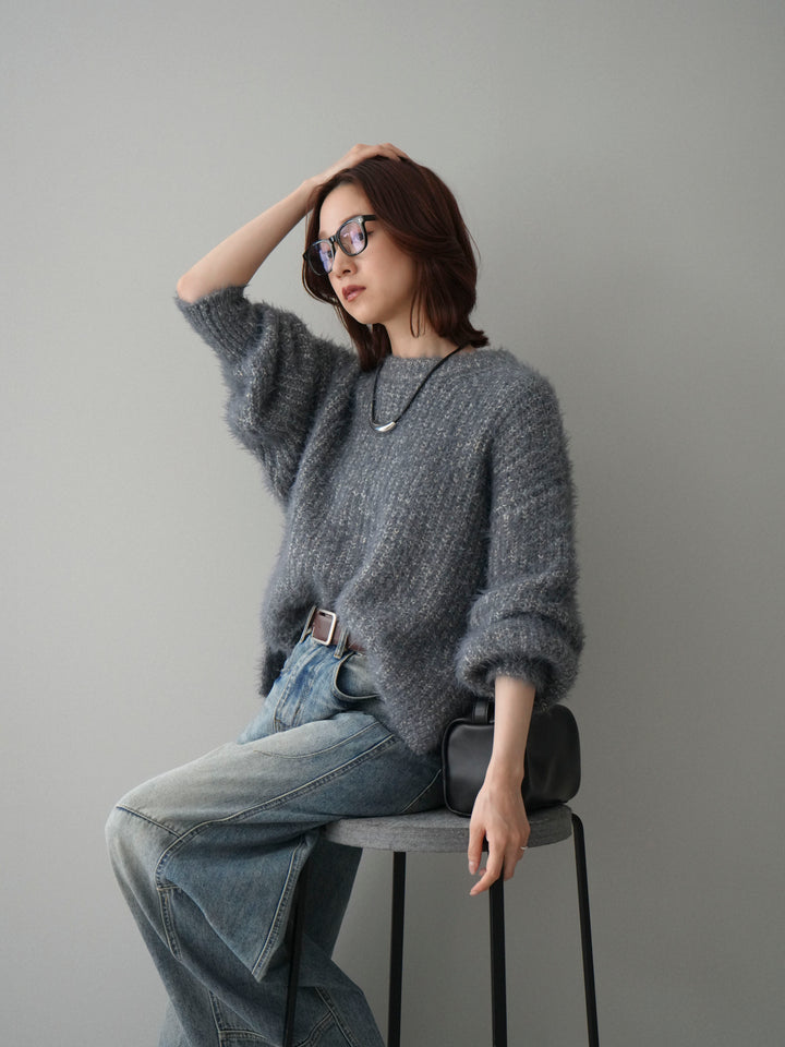 [SET]ボリュームスリーブシャギー MIXニットプルオーバー+ベルト付カーブデニムパンツ(2set)