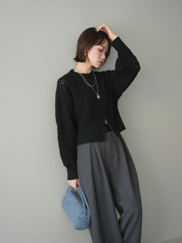 [予約]透かし編みフロントジップスリットニットプルオーバー/black