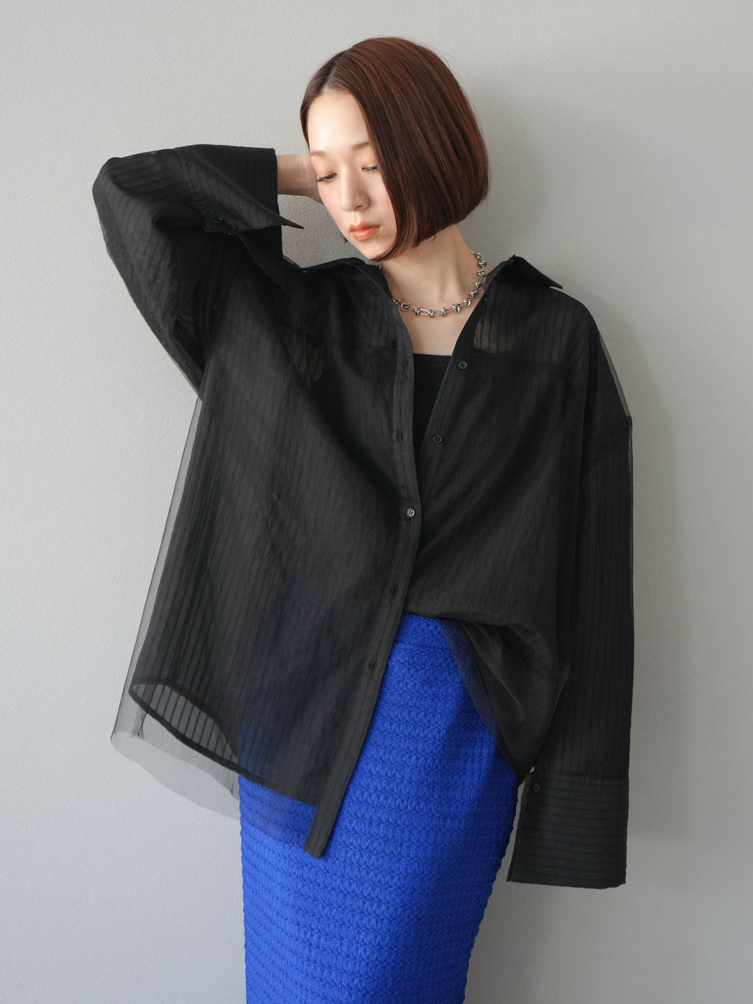 【預購】薄紗對接透視條紋大袖口oversized襯衫/黑色