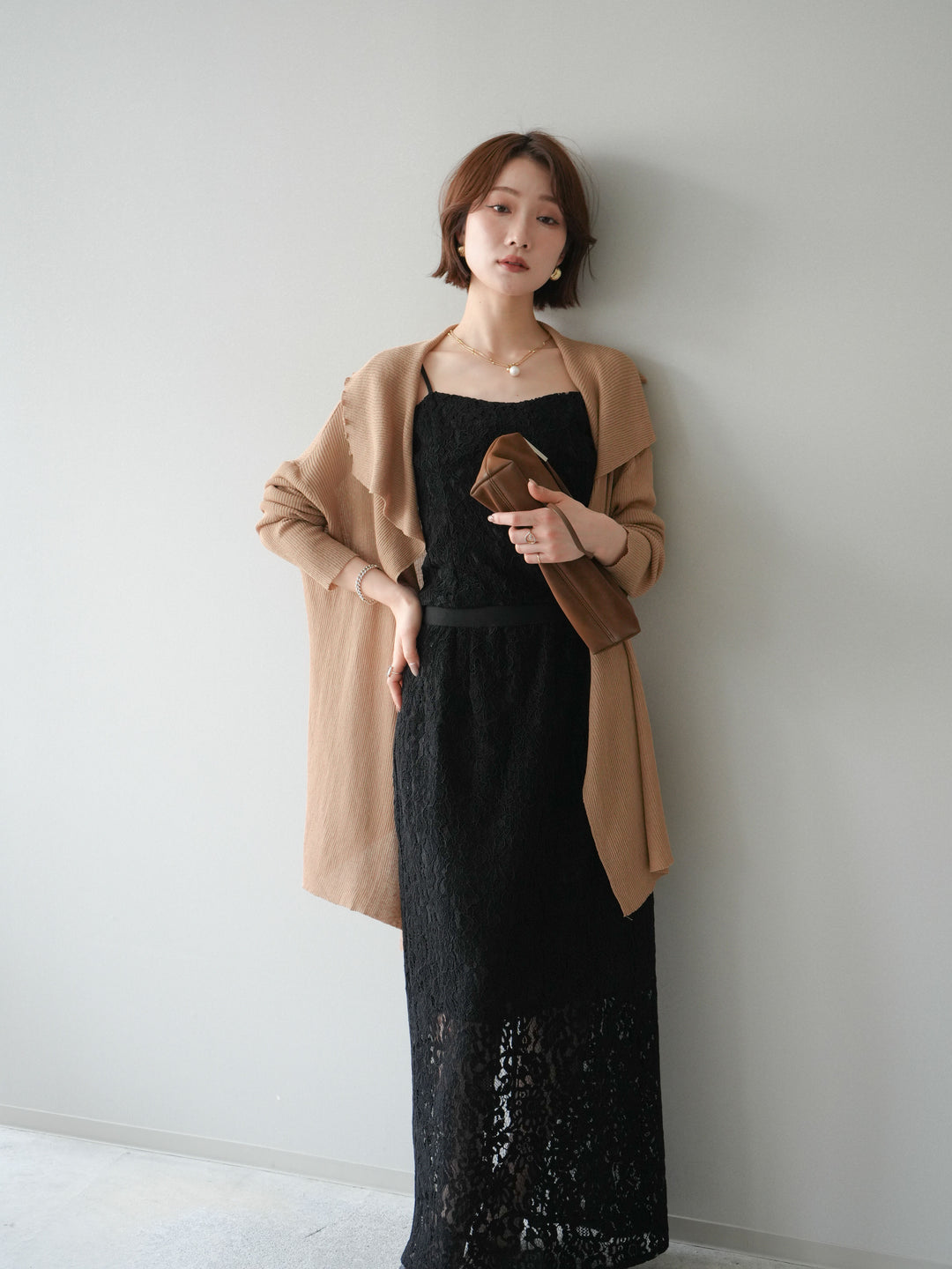 [SET]ドレープリブニットガウン+フルレースキャミ＆IラインスカートSET UP(2set)