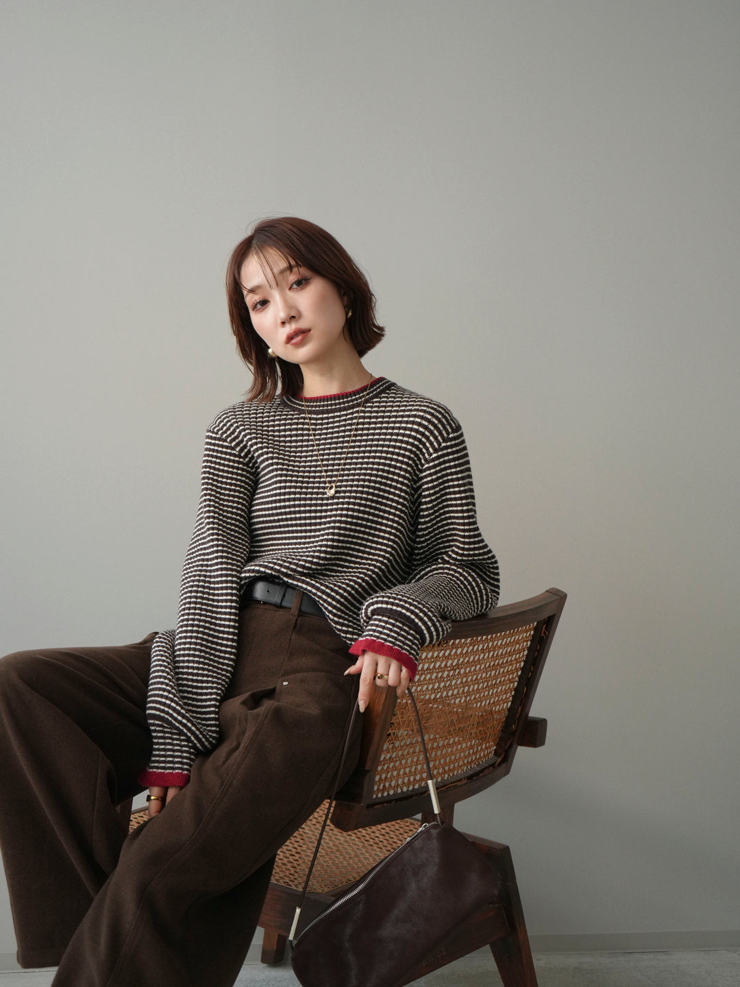 [予約]ラメ異素材ボーダーリブニットプルオーバー/brown×red