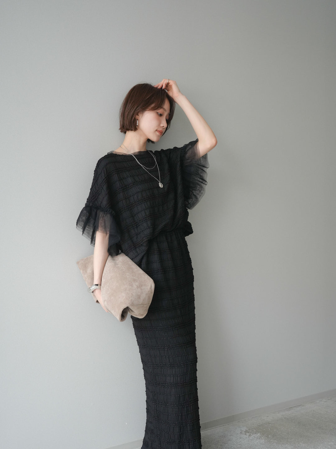 [SET]チュール袖リップルトップス+リップルIラインスカート(2set)