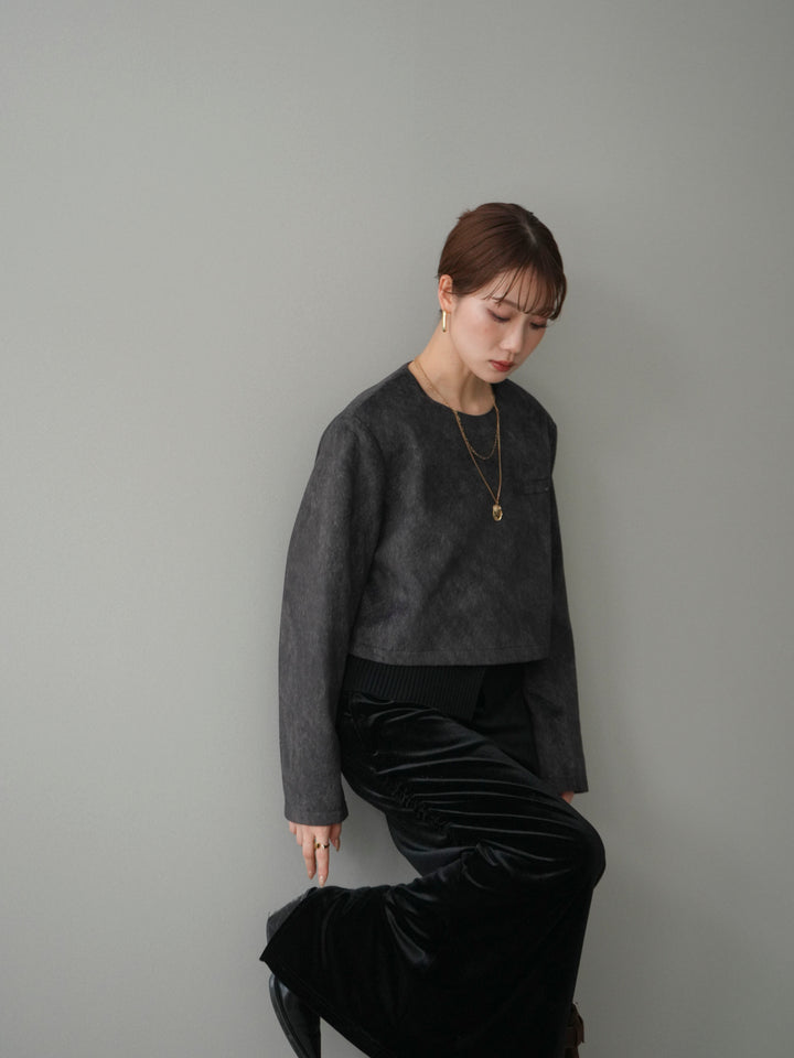 [予約]リブニットレイヤードスエードプルオーバー/charcoal