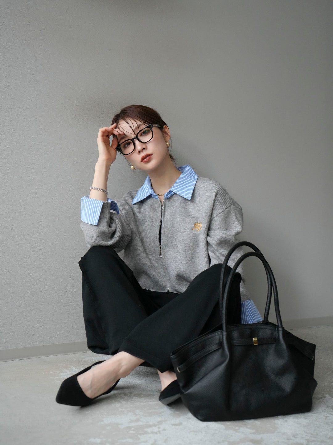 [SET]ストライプシャツレイヤードZIPニットカーディガン+ストライプシャツレイヤードZIPニットカーディガン(2set)