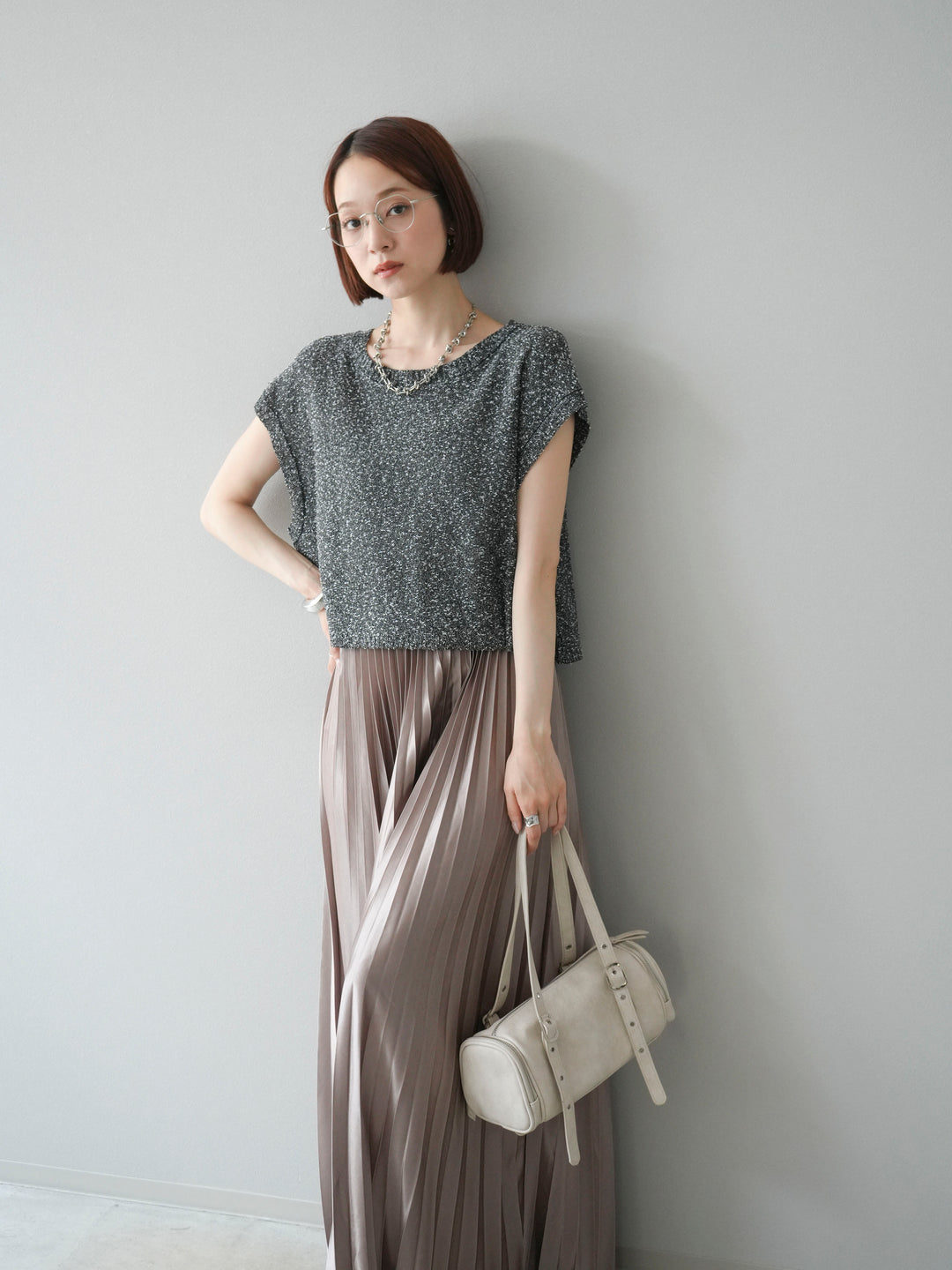 [SET]ネップヤーンクロップドニットベスト+サテンプリーツマキシスカート(2set)