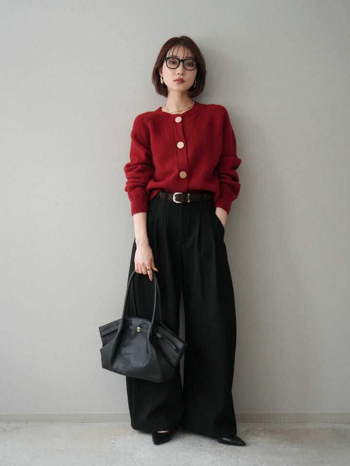 [SET]BIGボタンニットカーディガン+アニマル柄ベルト付きウールタッチワイドパンツ(2set)