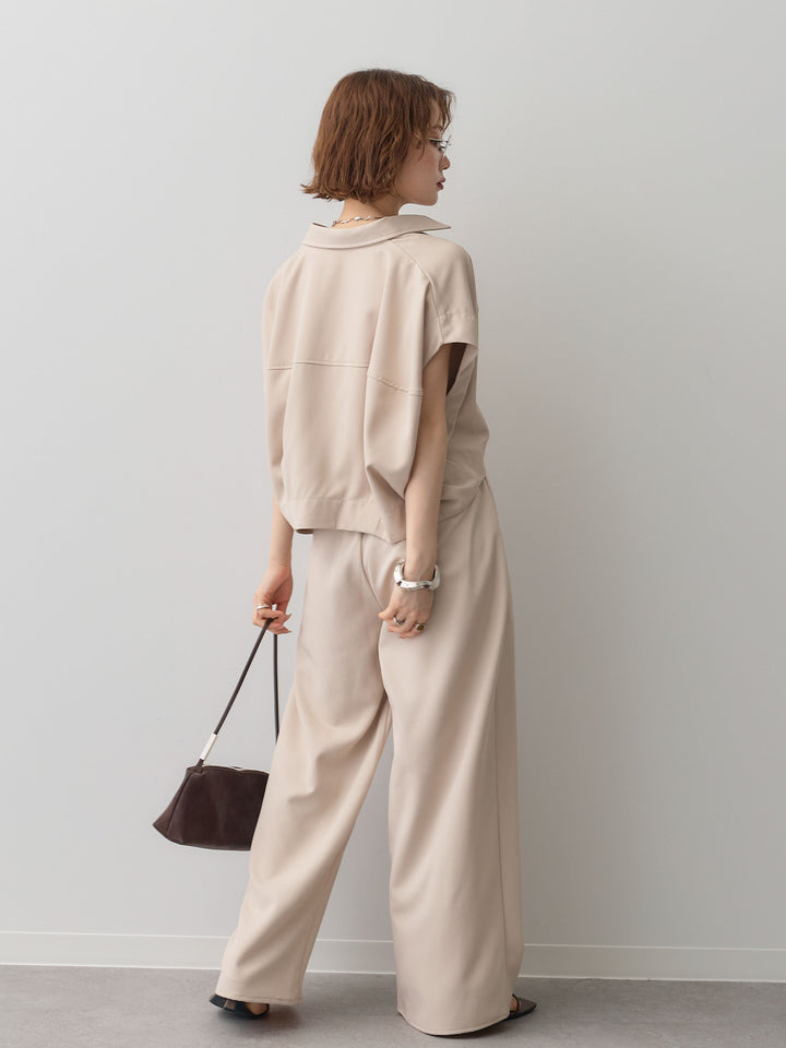 【套裝】縐綢燈籠無袖襯衫 + 縐綢闊腿褲（兩件套）