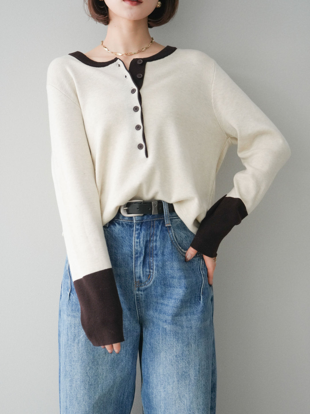 [SET]ヘンリーネック配色ニットソー+ヘンリーネック配色ニットソー(2set)