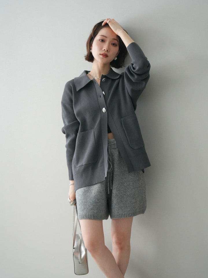[予約]メタルボタン襟付きポリエステルニットカーディガン/charcoal