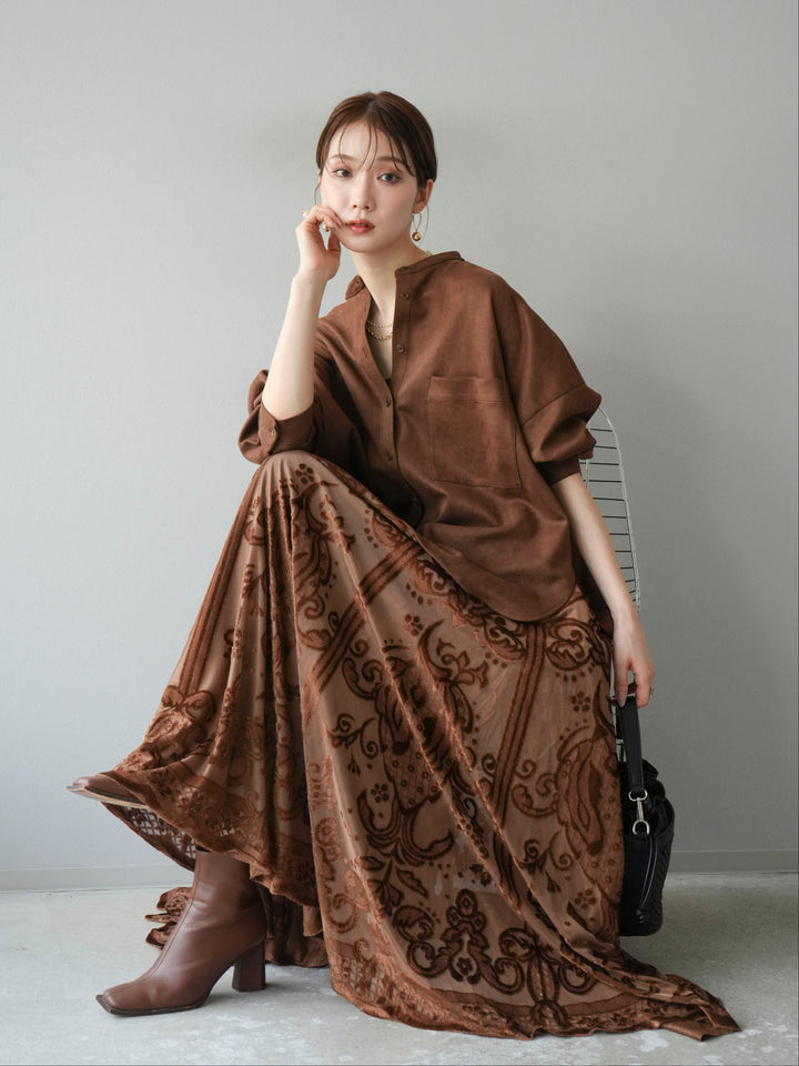 [SET]スエードバンドカラーオーバーシャツ+アンティーク柄フロッキーマキシスカート(2set)