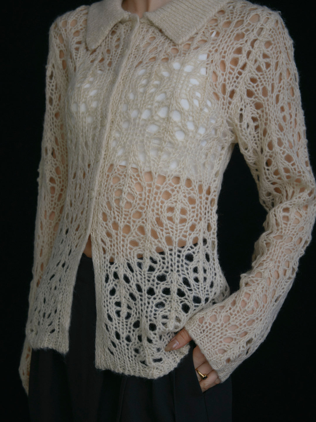 [予約]ローゲージ透かし編みポロニッカーディガン/アイボリー