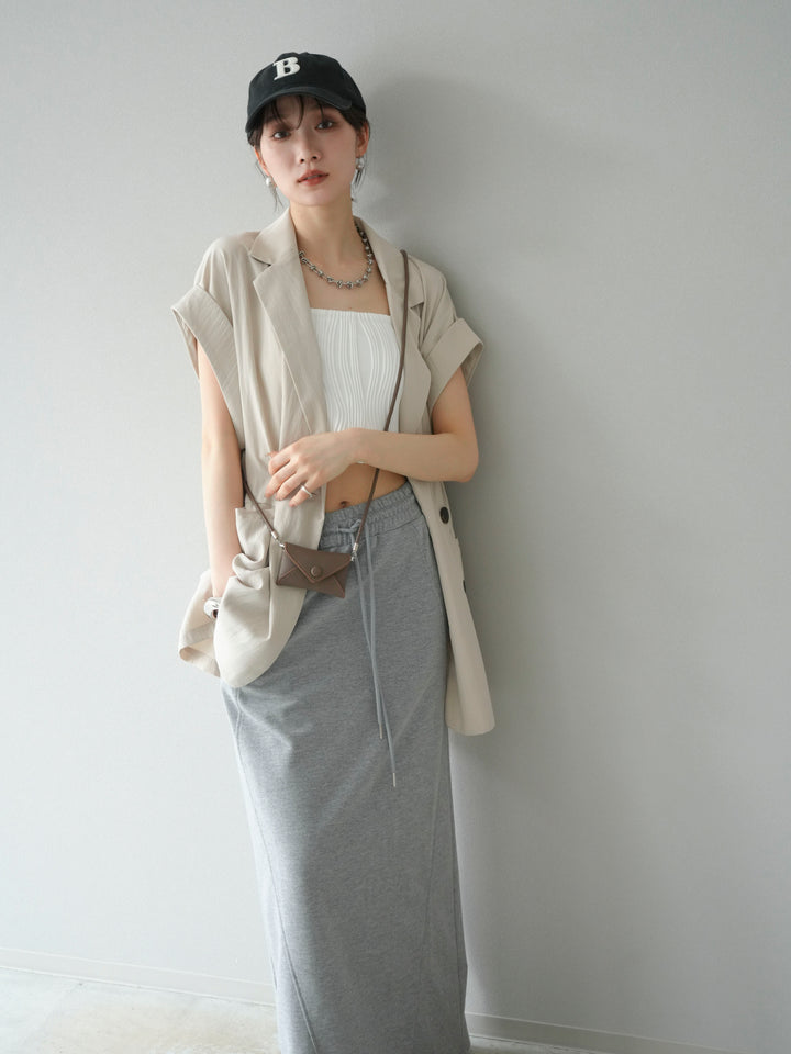 [SET]リネンライクノースリーブダブルジレ+ウェーブパイピングカップ付ベアキャミソール(2set)