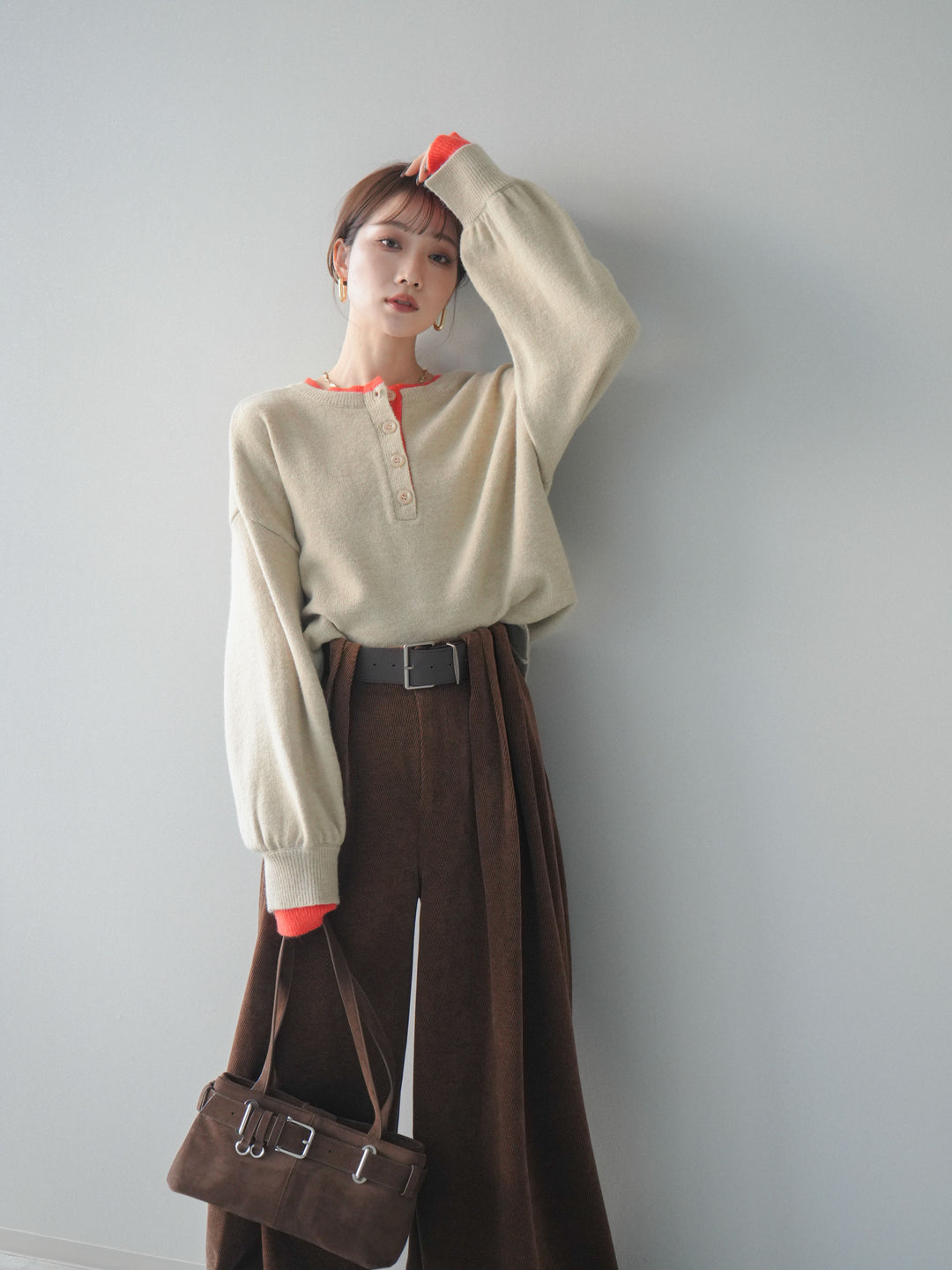 [予約]ヘンリーネック配色レイヤードニットプルオーバー/beige