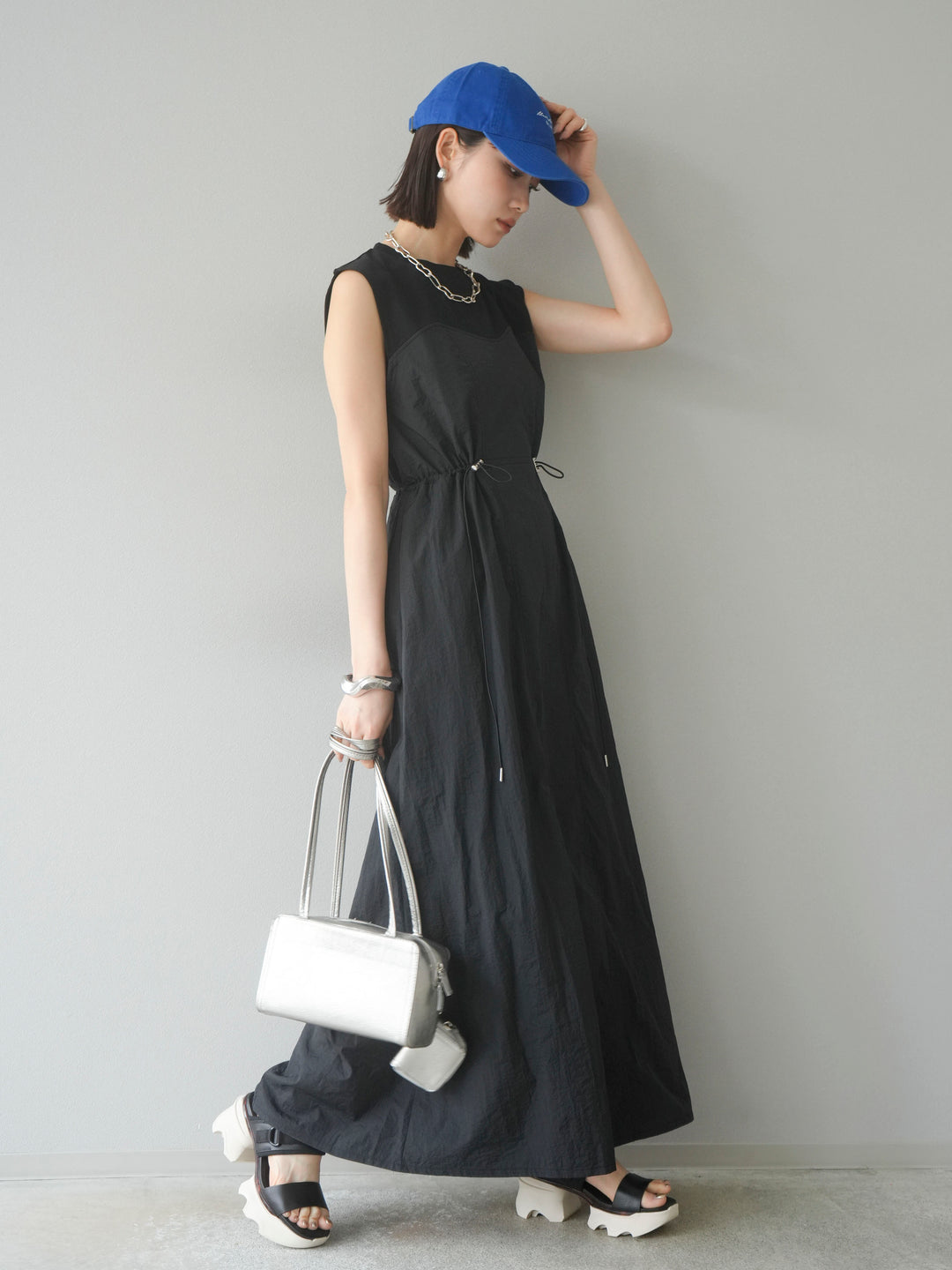 [予約]カットドッキングナイロンワンピース/ブラック