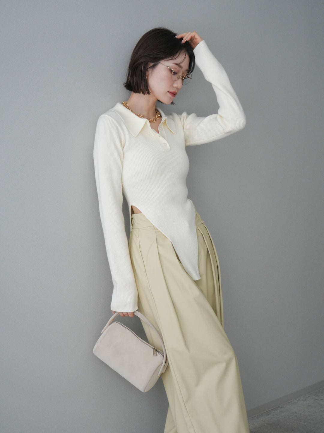 [予約]リブポロニットボディスーツ/ivory