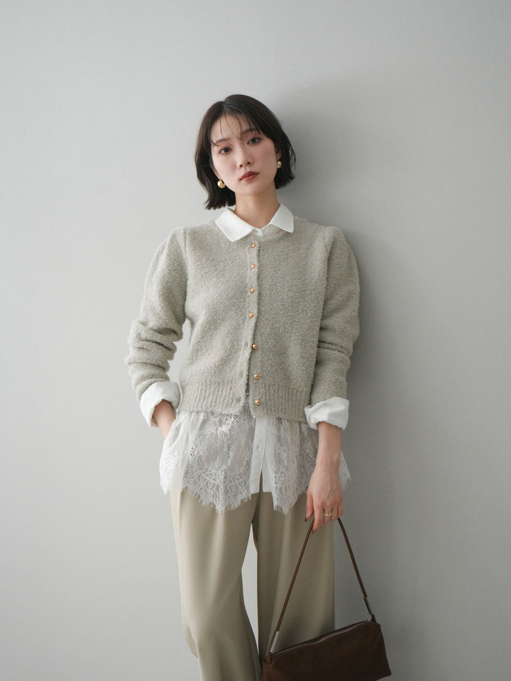 [SET]ゴールドボタンブークレニットカーディガン+総レースボリュームスリーブシャツ(2set)