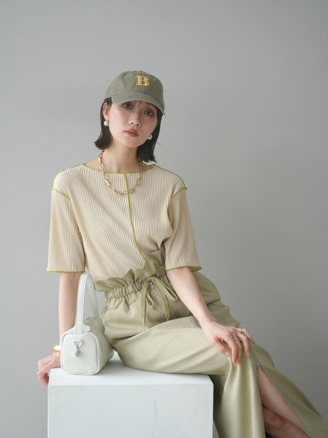 【SET】配色褶皺半袖上衣 + 配色褶皺半袖上衣 (2 件套)