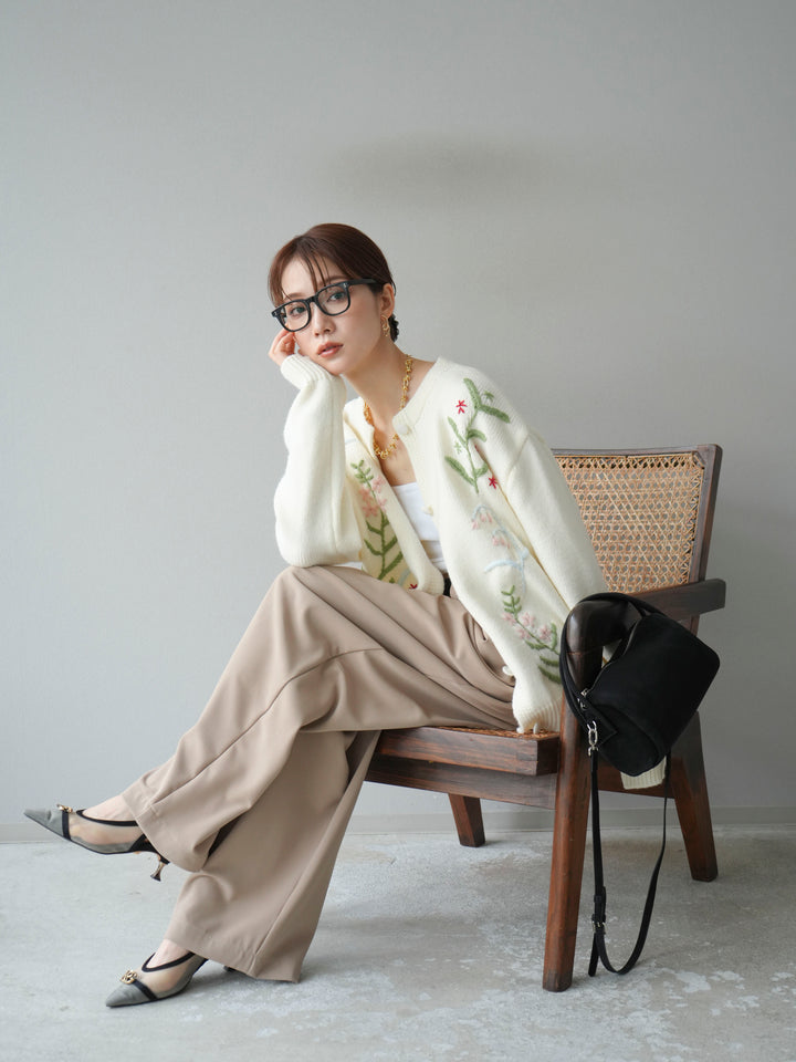 [SET]フラワー刺繍ニットカーディガン+ベルト付タックワイドパンツ(2set)