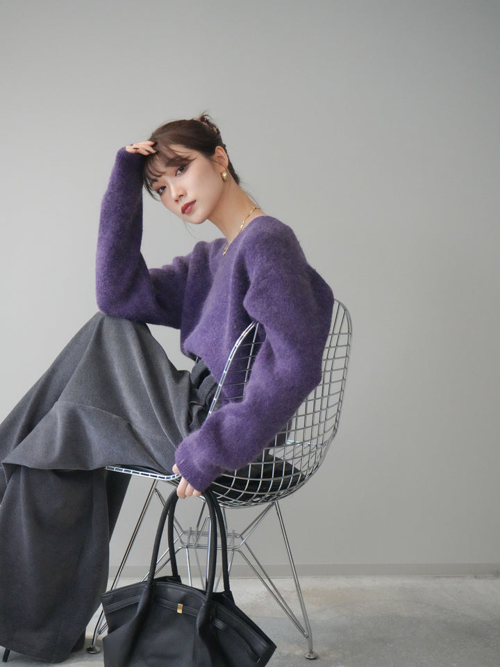 [予約]シュシュ付きアンゴラタッチVネックニットプルオーバー/purple