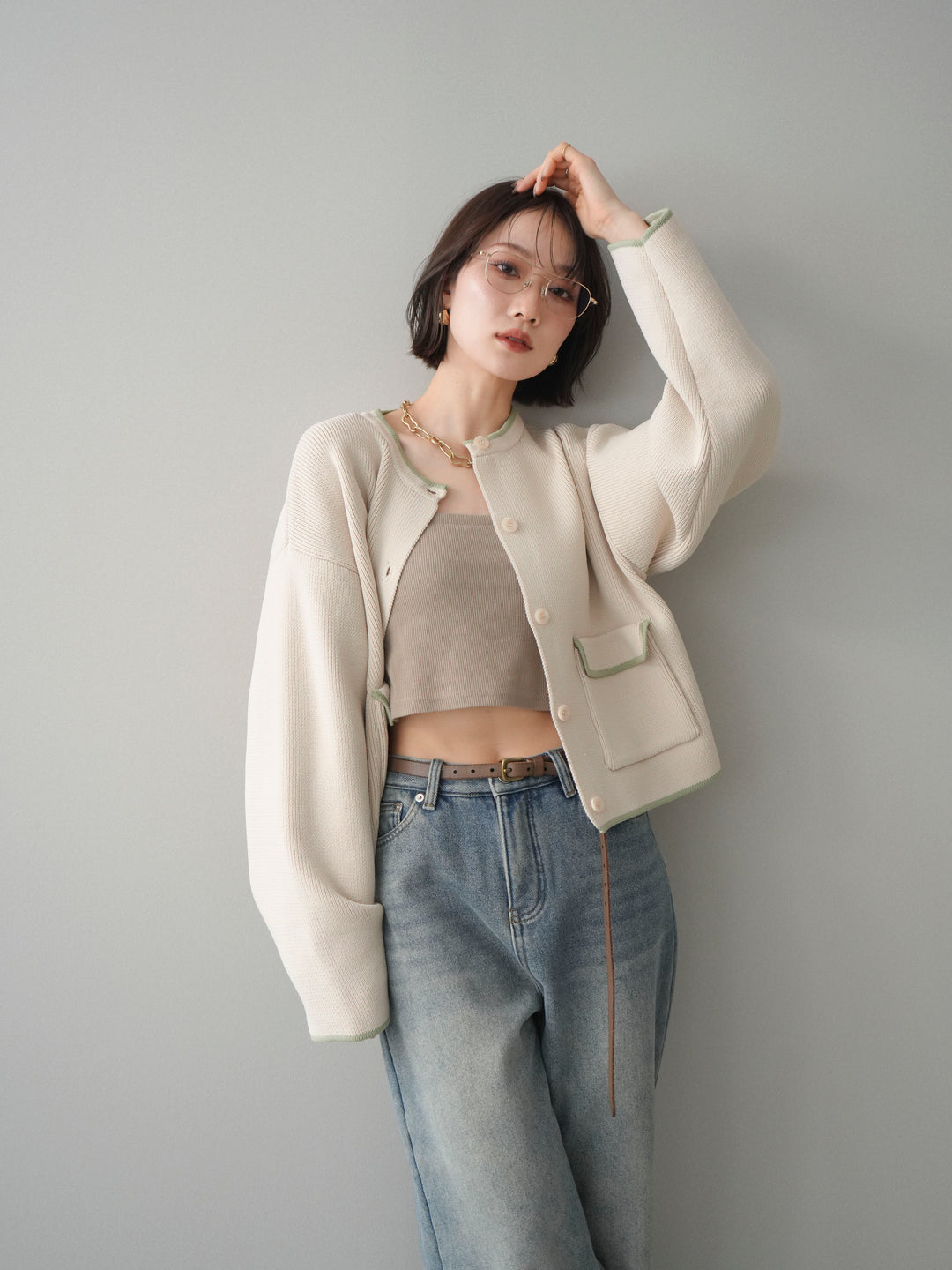 [SET]ポリエステル配色ニットカーディガン+ポリエステル配色ニットカーディガン(2set)