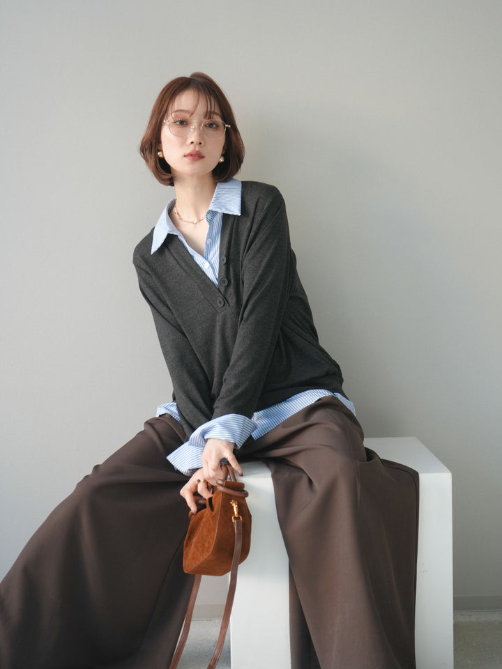 [予約]シャツレイヤードデザインカットプルオーバー/charcoal