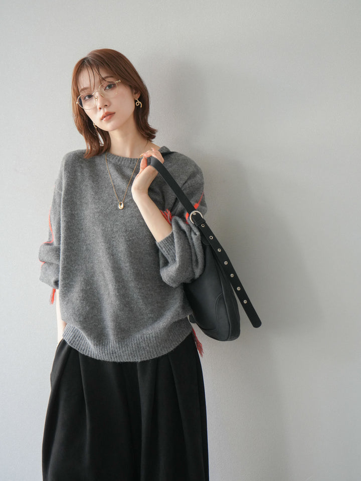 [SET]配色ステッチフリンジニットプルオーバー +スウェードタックワイドパンツ(2set)