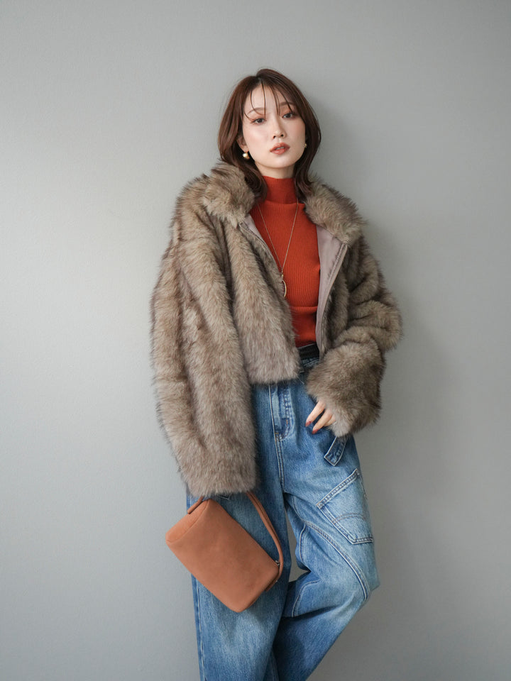 [予約]フェイクファーショートZIPジャケット/brownmix