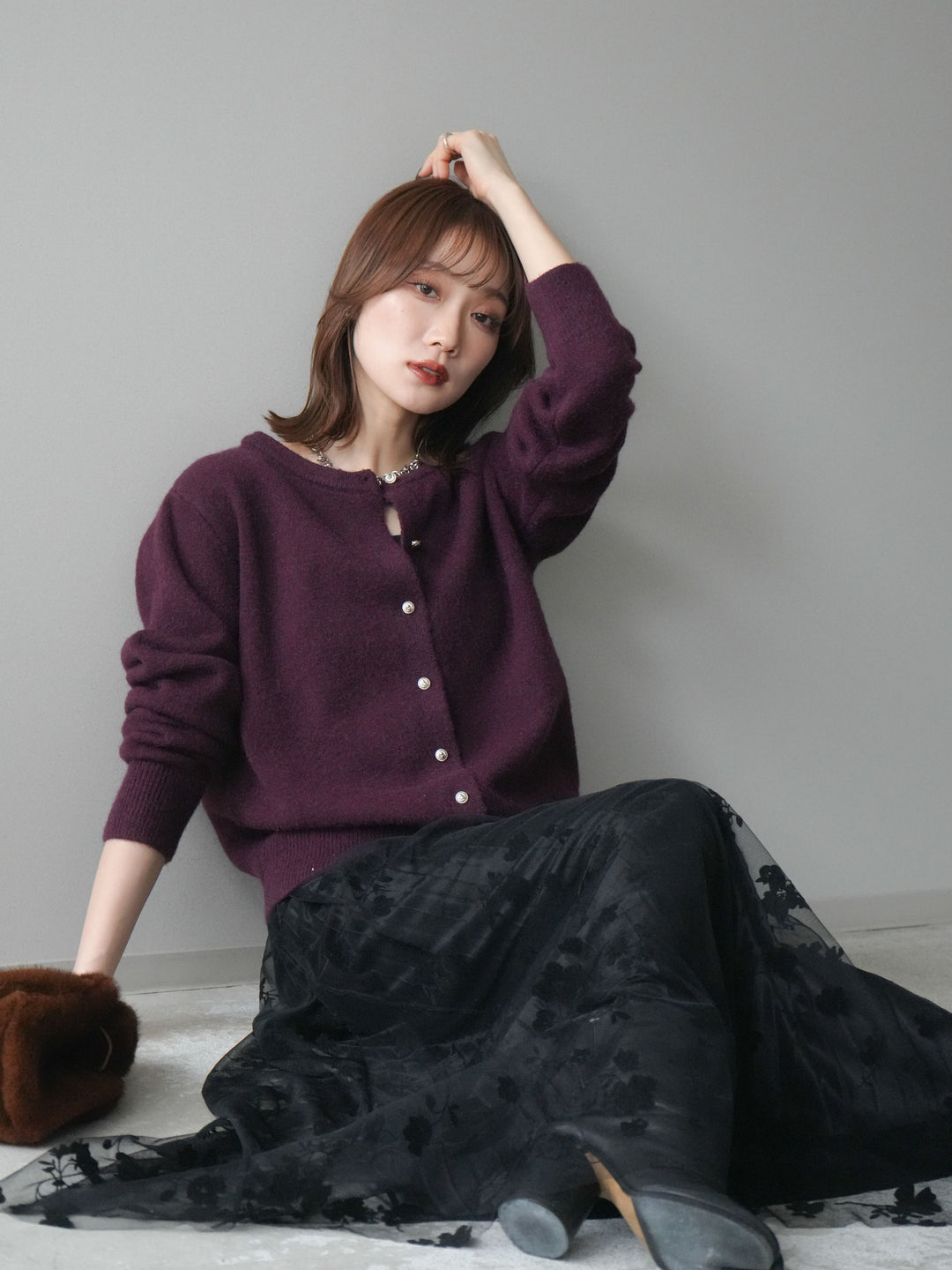 [予約]アンティークボタンニットカーディガン/purple