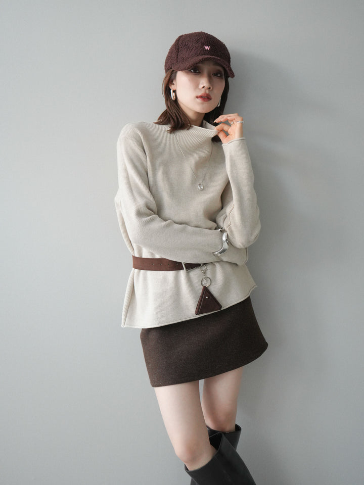 [予約]ボトルネック裾カールリブニットトップス/ivory