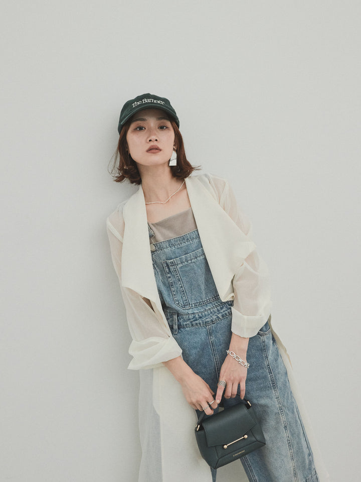 [SET] 中縫牛仔背帶褲 + 透視長版外套（2 件組）