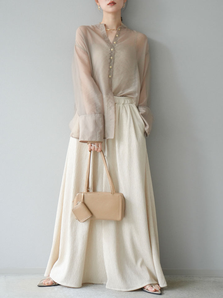 [SET] 亮面透視立領襯衫 + 柳葉寬褲 (2set)