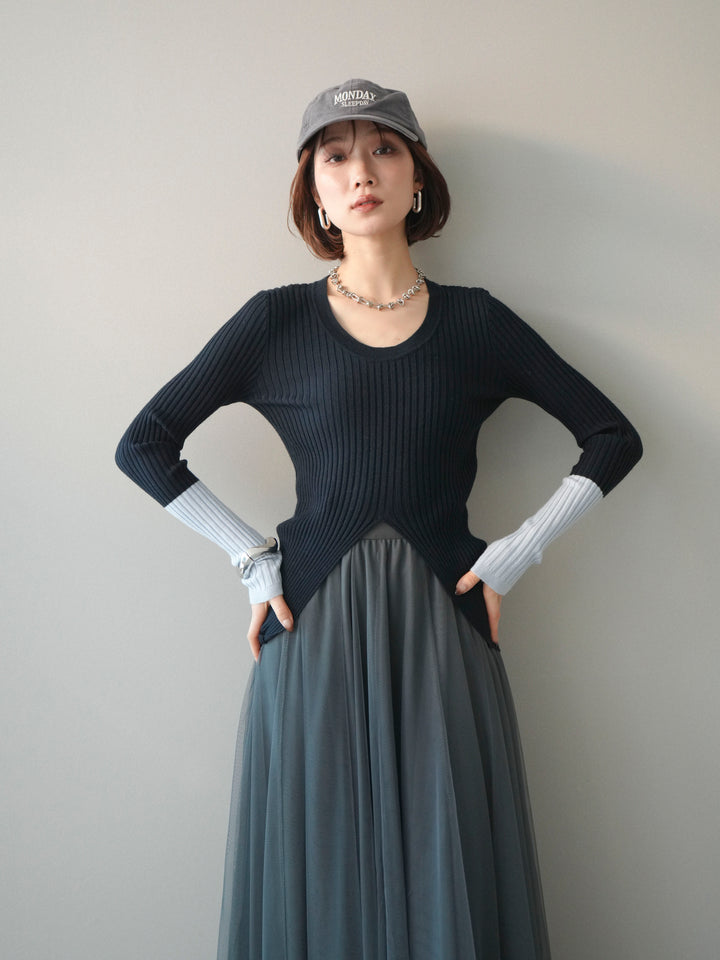 [予約]袖配色ランダムリブフロントスリットニットトップス/navy