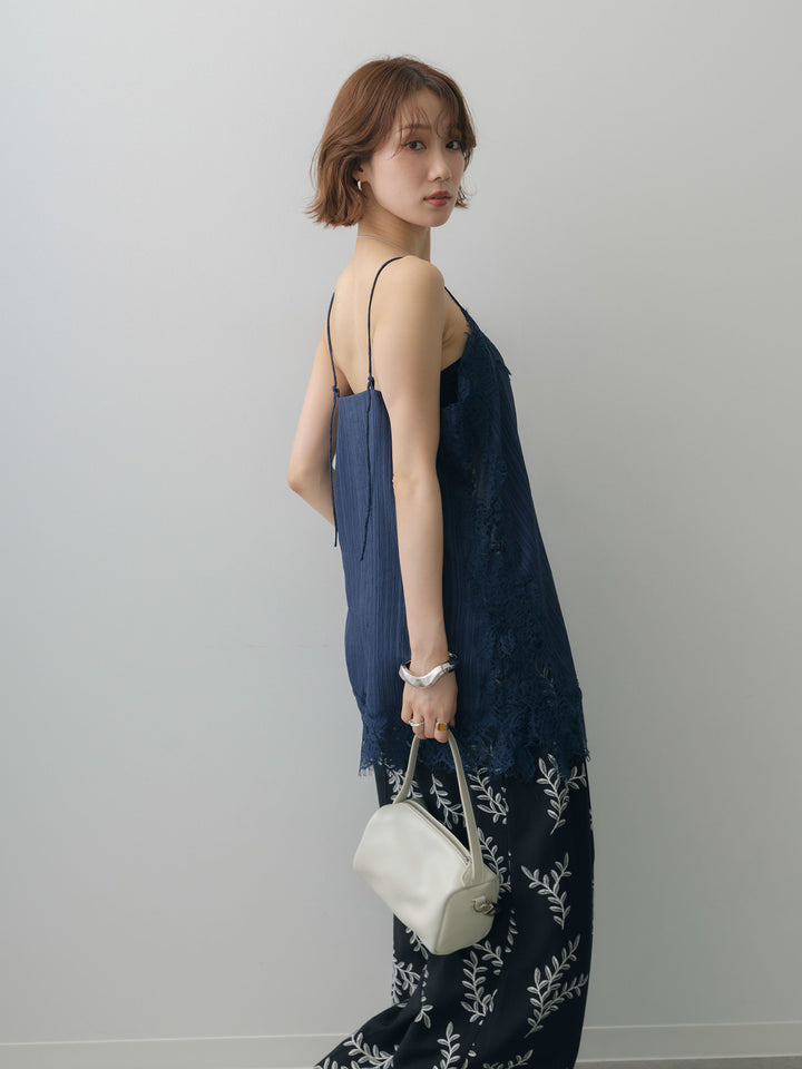[予約]ワッシャーテクスチャーレーストリムキャミソール/navy