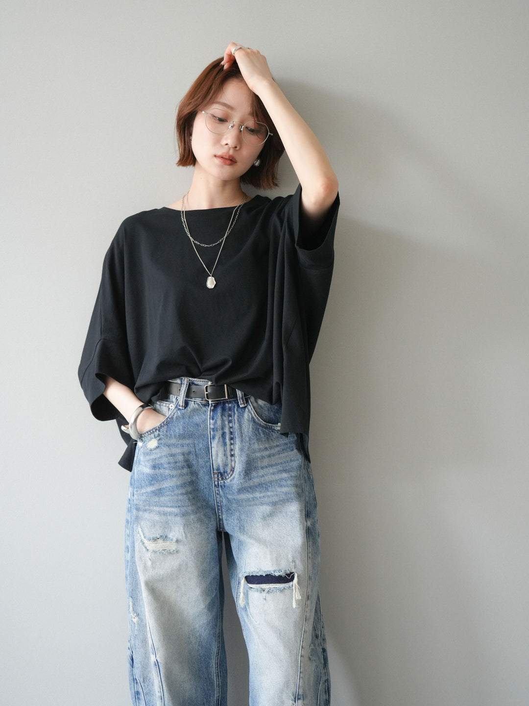 [SET]ドルマンワイドフレアトップス+ダメージカーブワイドデニムパンツ(2set)