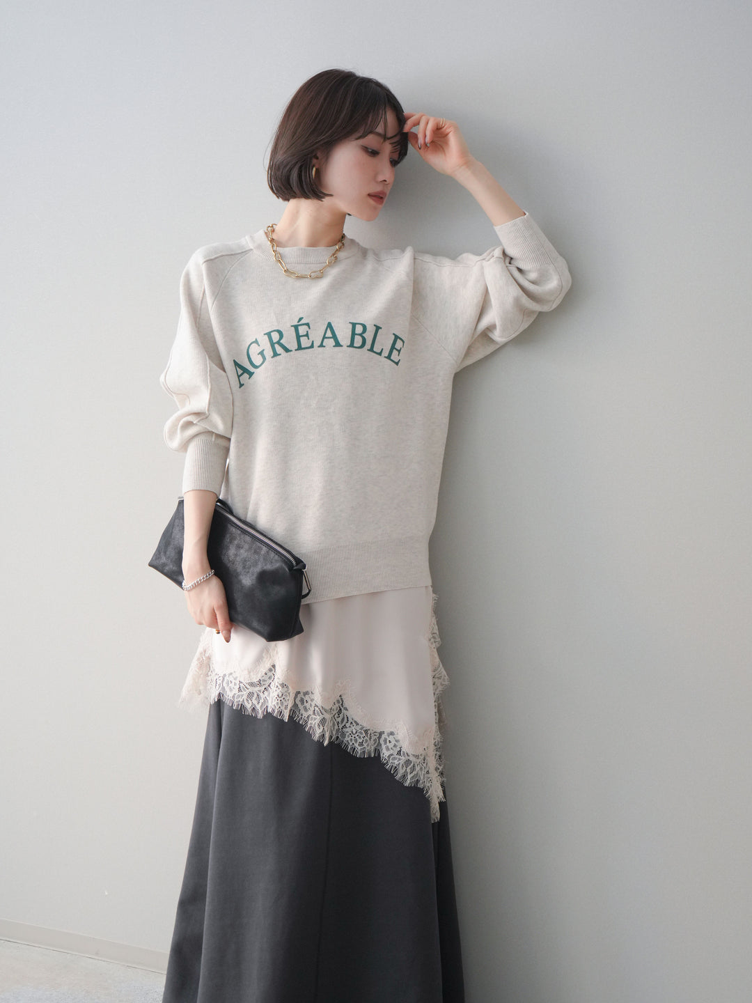 [予約]半ラバープリントロゴスウェットライクニットプルオーバー/oatmeal