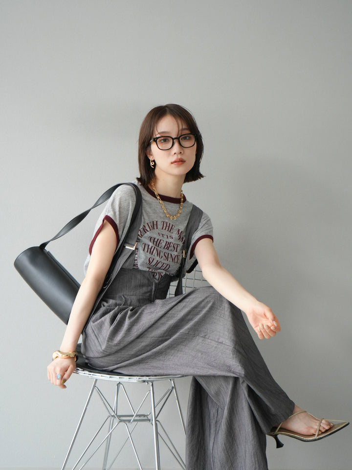 [SET]ストリングデザインハイウエストサロペット+シアーフライス ロゴプリントT (2set)