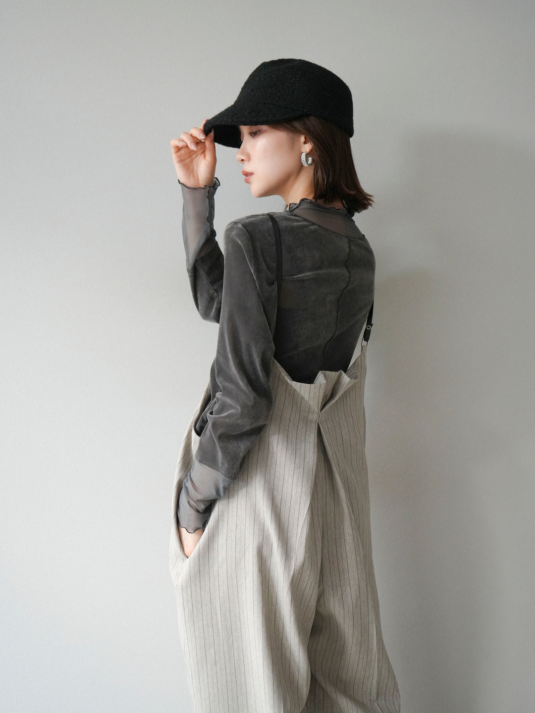 【着回しセット】[SET]ヘリンボーンストライプジレ+シアー切替ベロアトップス+ヘリンボーンストライプサロペット(3set)