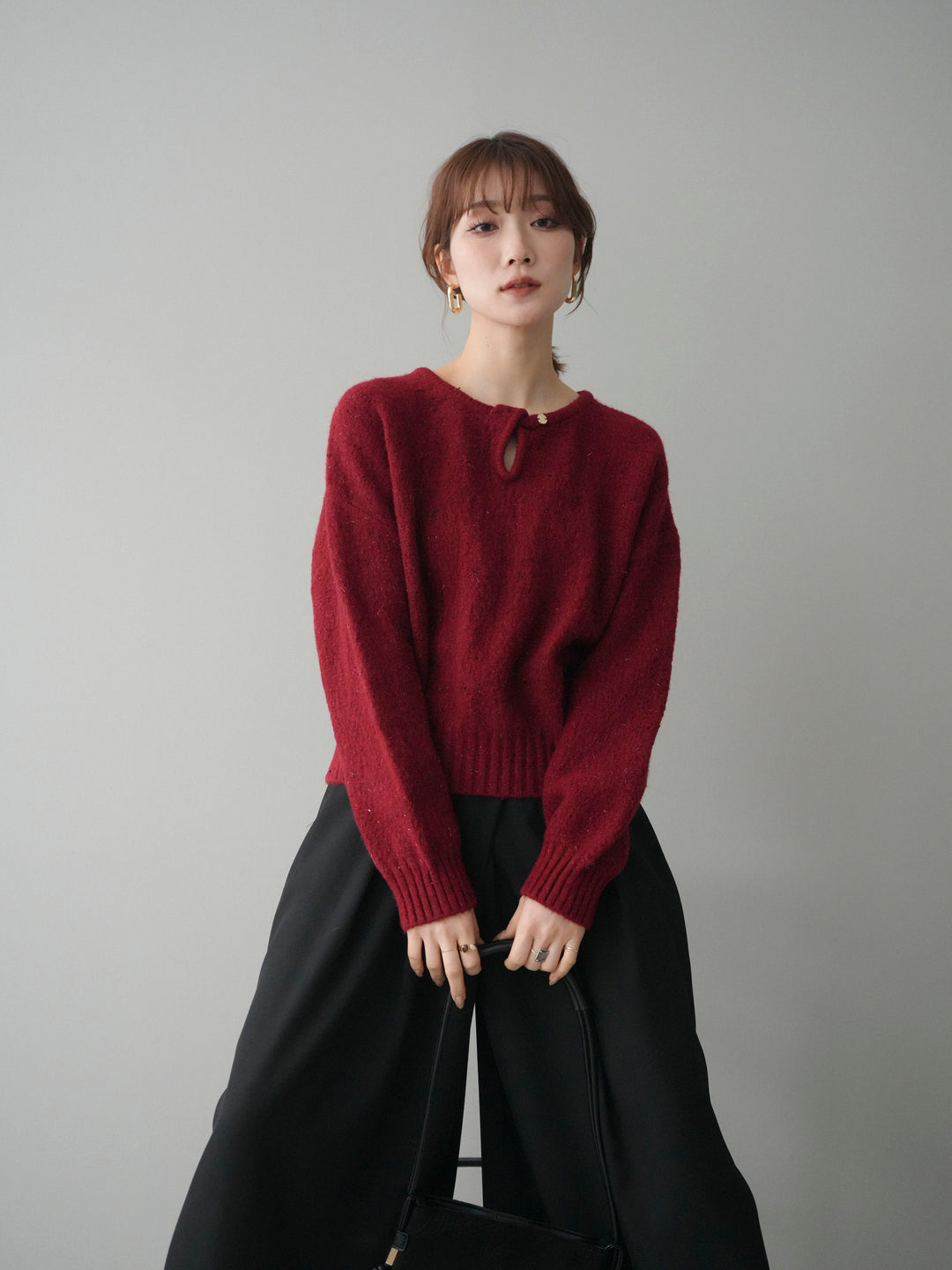 [予約]ツイストネックラメネップヤーンニットプルオーバー/red