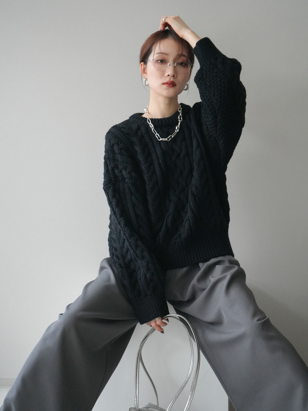 [SET]ボリュームケーブルニットプルオーバー+ベルトループデザインワイドパンツ(2set)