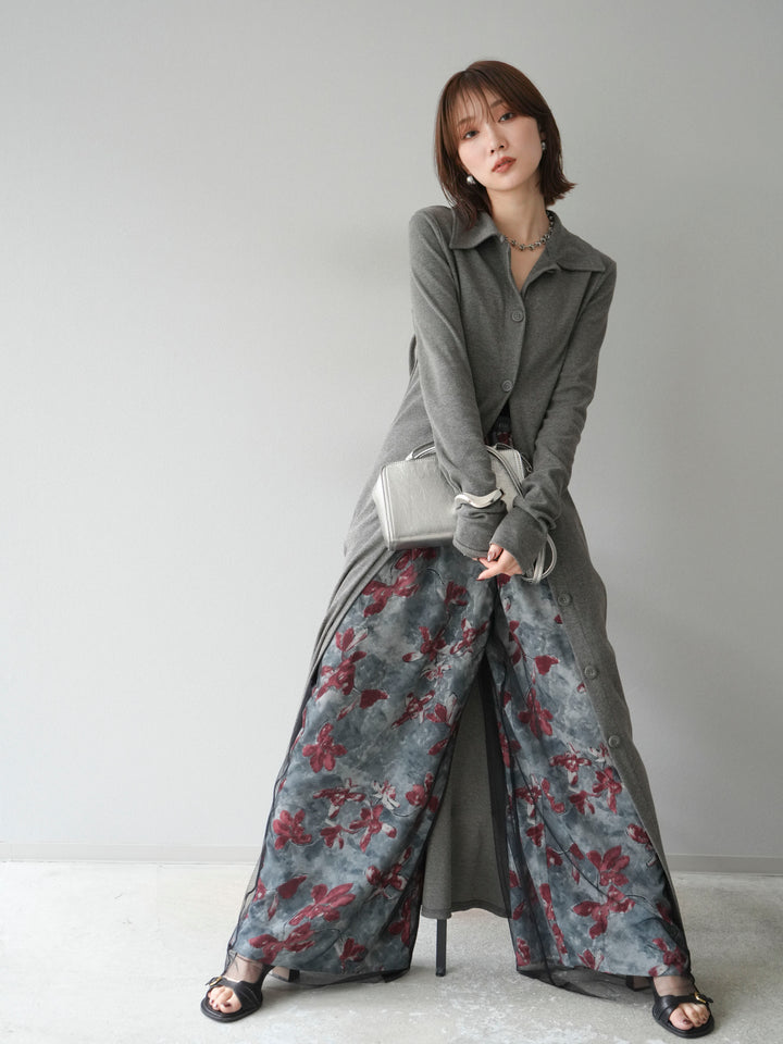 [SET]襟付きカットリブボタンワンピース+フラワープリントチュールレイヤードパンツ(2set)