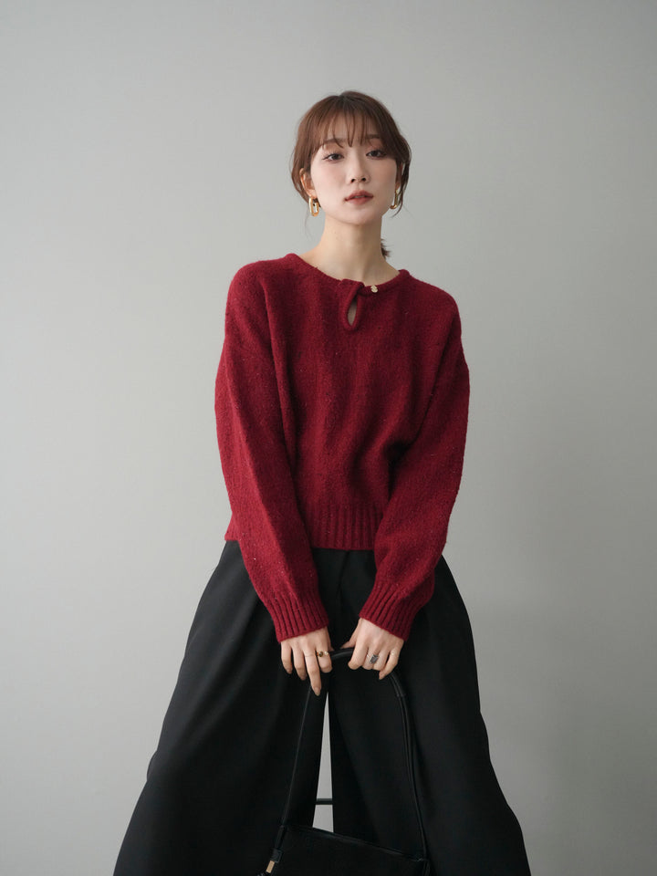 [SET]ツイストネックラメネップヤーンニットプルオーバー+テープベルトタックバギーパンツ(2set)