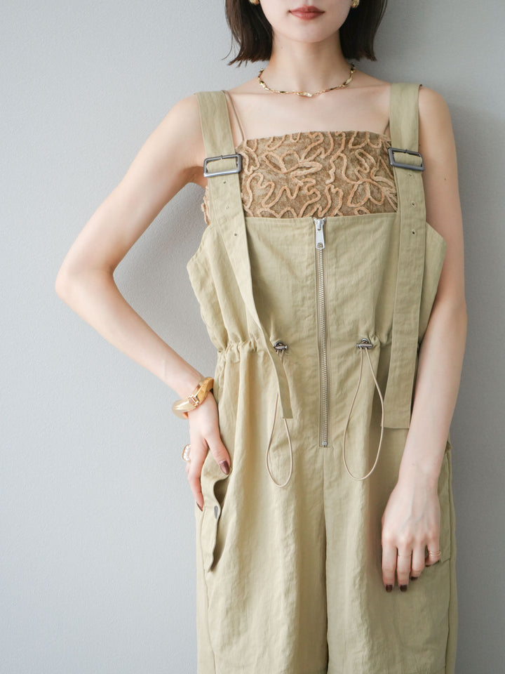 [予約]ナイロンタックデザインサロペット/ベージュ