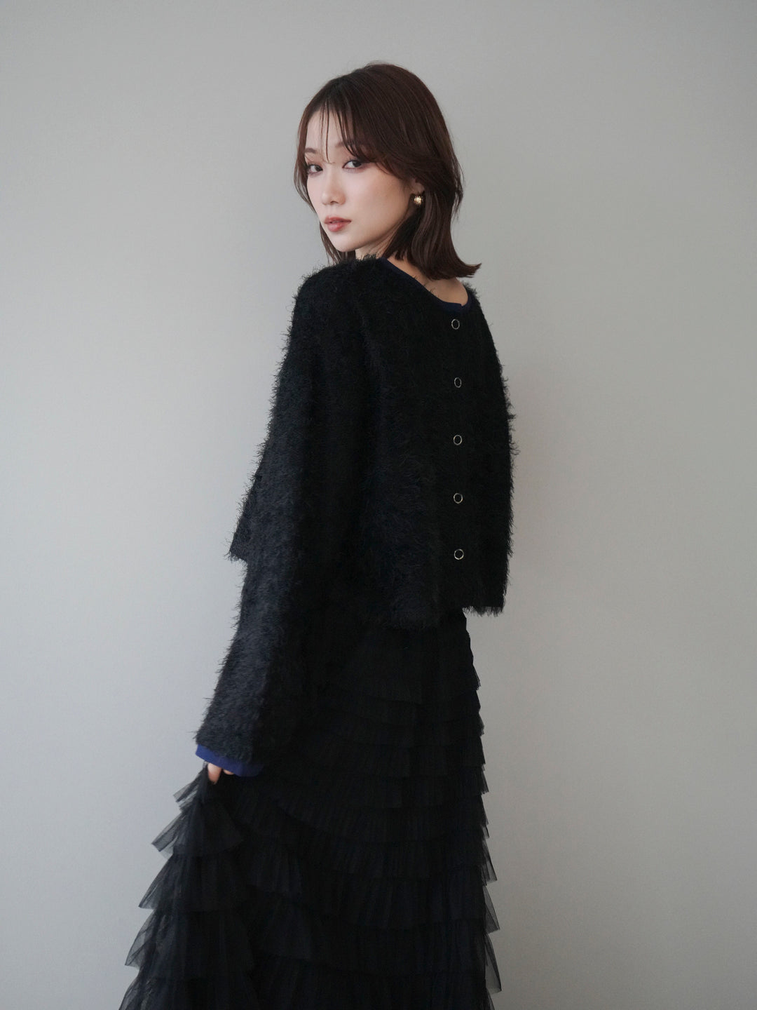 [予約]バイカラー2WAYシャギーニットカーディガン/black