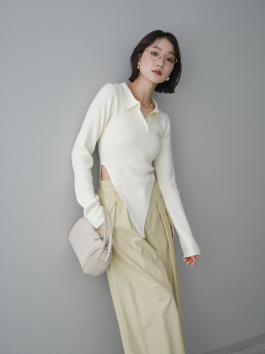 [予約]リブポロニットボディスーツ/ivory