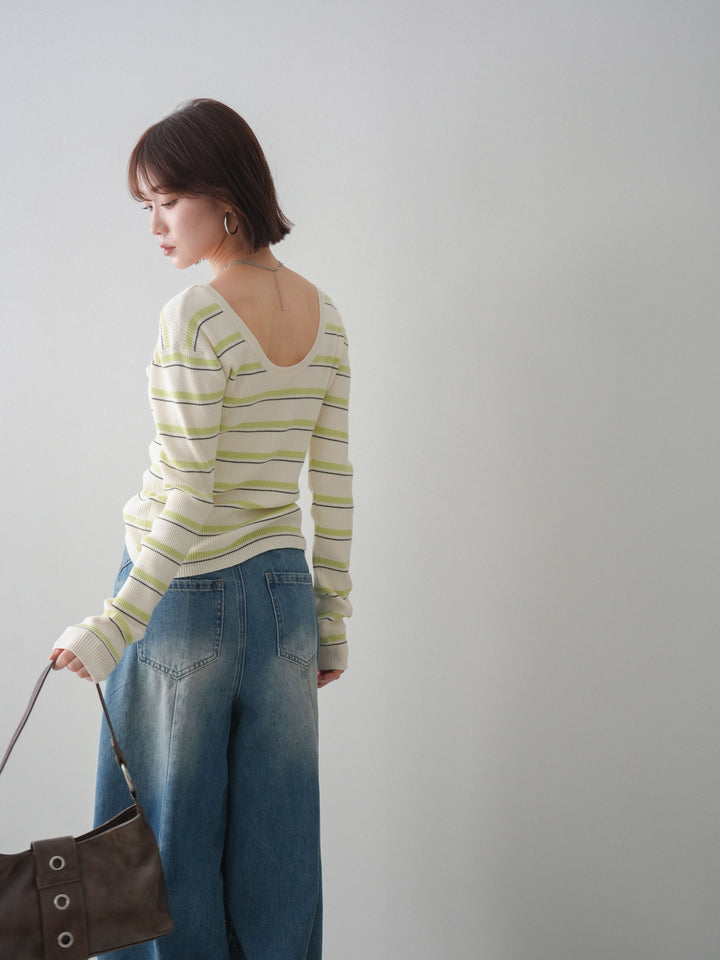 [予約]バックオープンテレコリブマルチボーダートップス/ivory