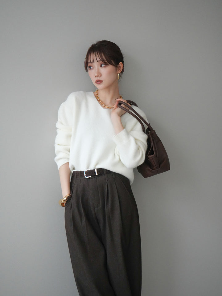 [SET]シュシュ付きアンゴラタッチVネックニットプルオーバー+選べるアクセセット(2set)